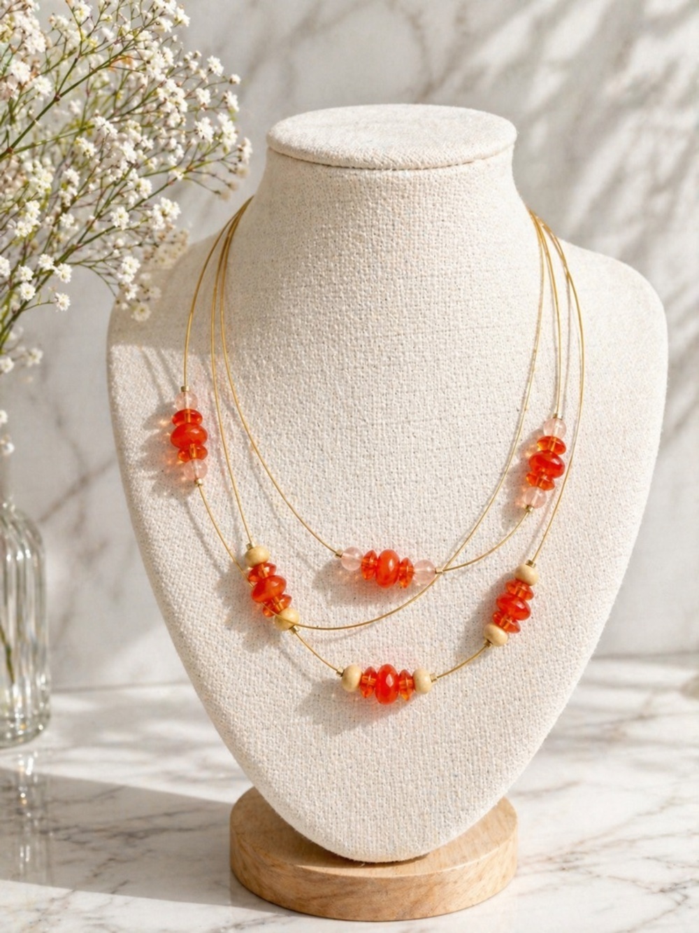 Orange Beaded Layered Necklace Gold Tone Boho Y2K Adjustable